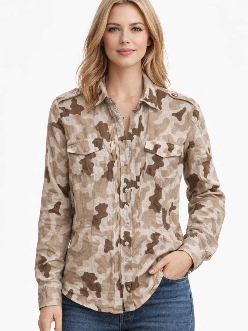 Max Volmary silk camo button down shirt women 14 brown/beige sequence semi sheer